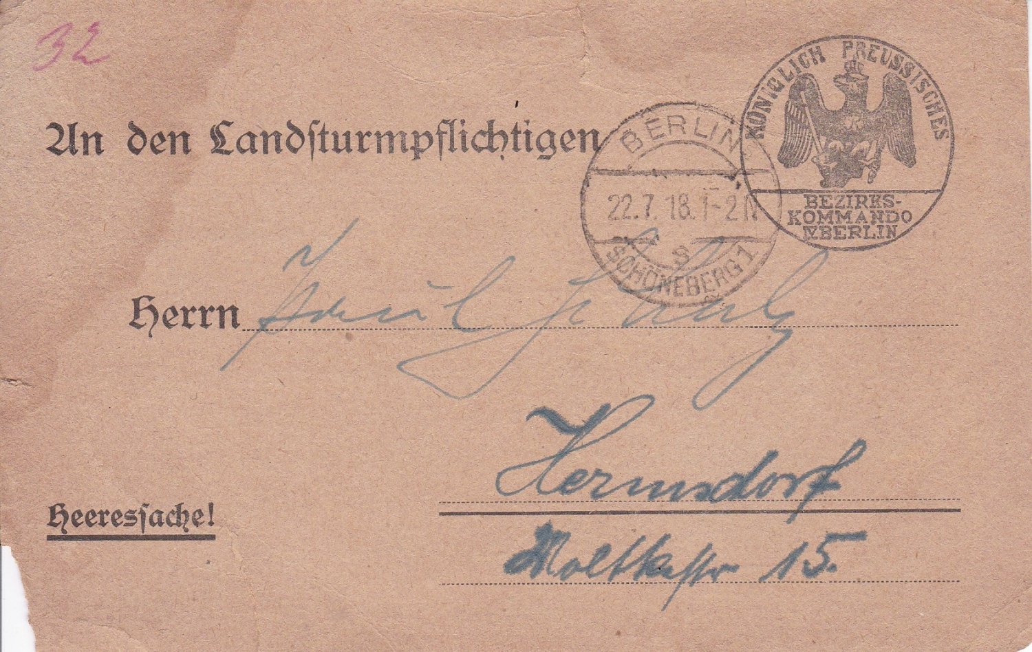 An den Landsturmpflichtigen. Heeressache!