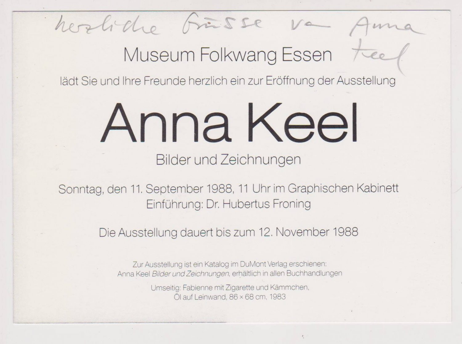 Anna Keel Einladungskarte mit Widmung.