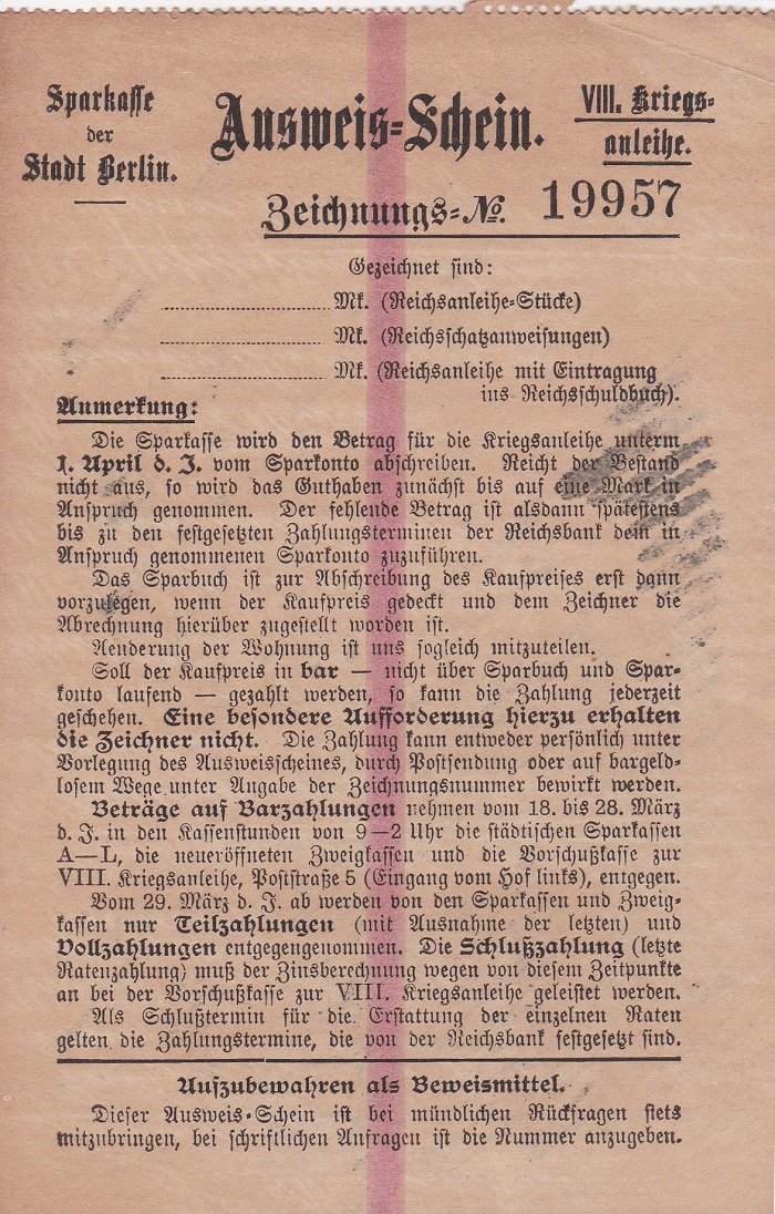 Ausweis-Schein. VIII. Kriegsanleihe. Zeichnungs-No. 19957.