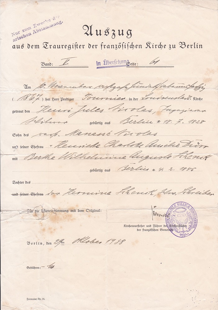Auszug aus dem Trauregister der französischen Kirche zu Berlin.