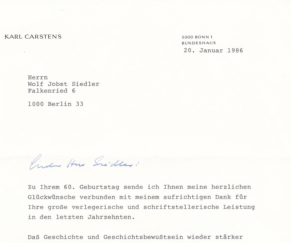 Brief des ehemaligen Bundespräsidenten Karl Carstens an den Verleger Wolf …