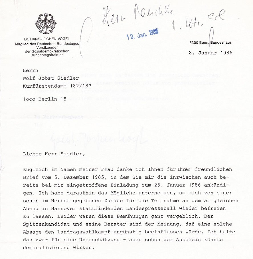 Brief des SPD-Politikers Hans-Jochen Vogel an den Verleger Wolf Jobst …