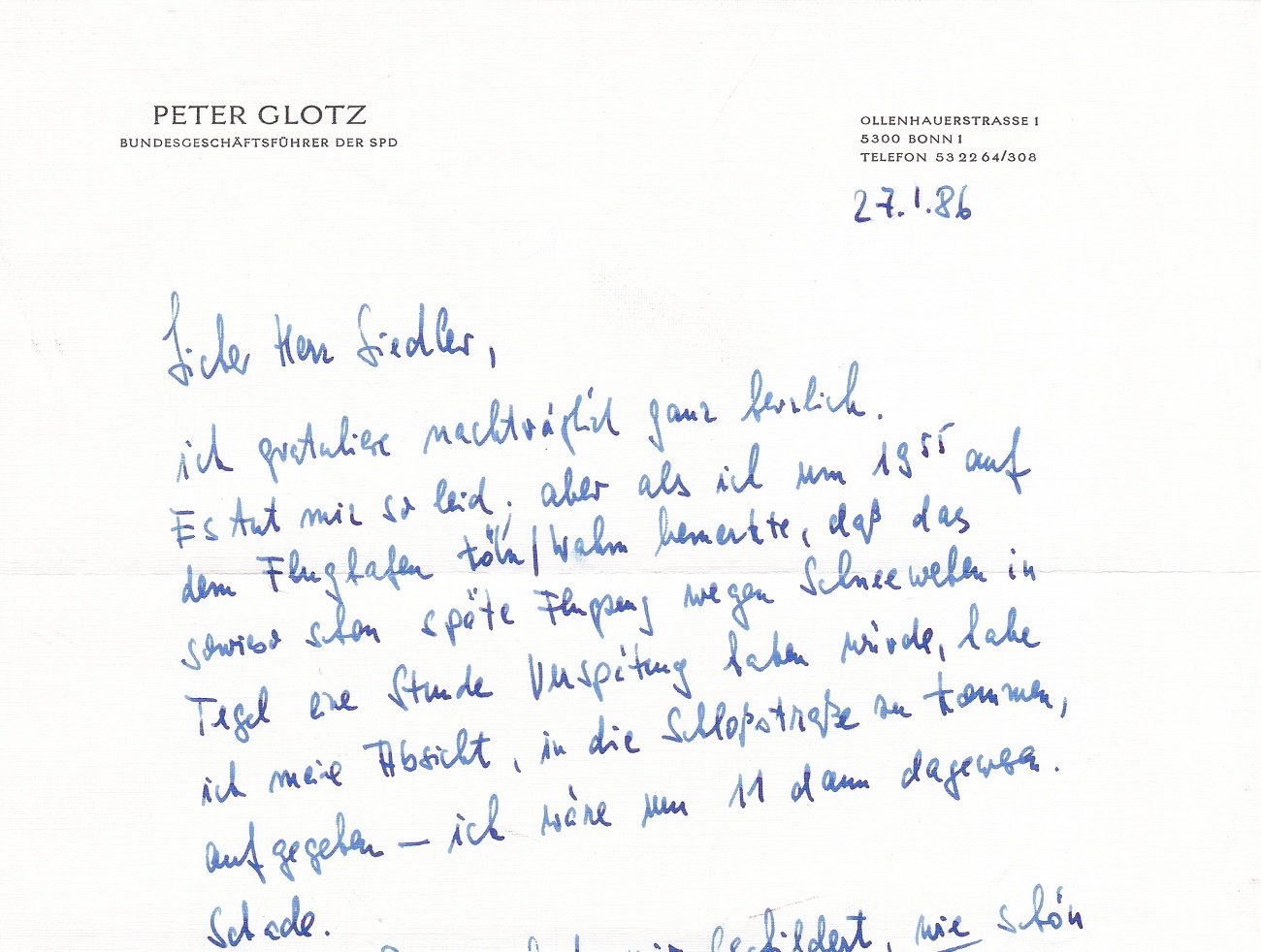 Brief des SPD-Politikers und Publizisten Peter Glotz an den Verleger …