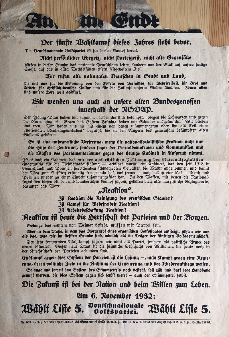 Der fünfte Wahlkampf dieses Jahres steht bevor. Die Deutschnationale Volkspartei …