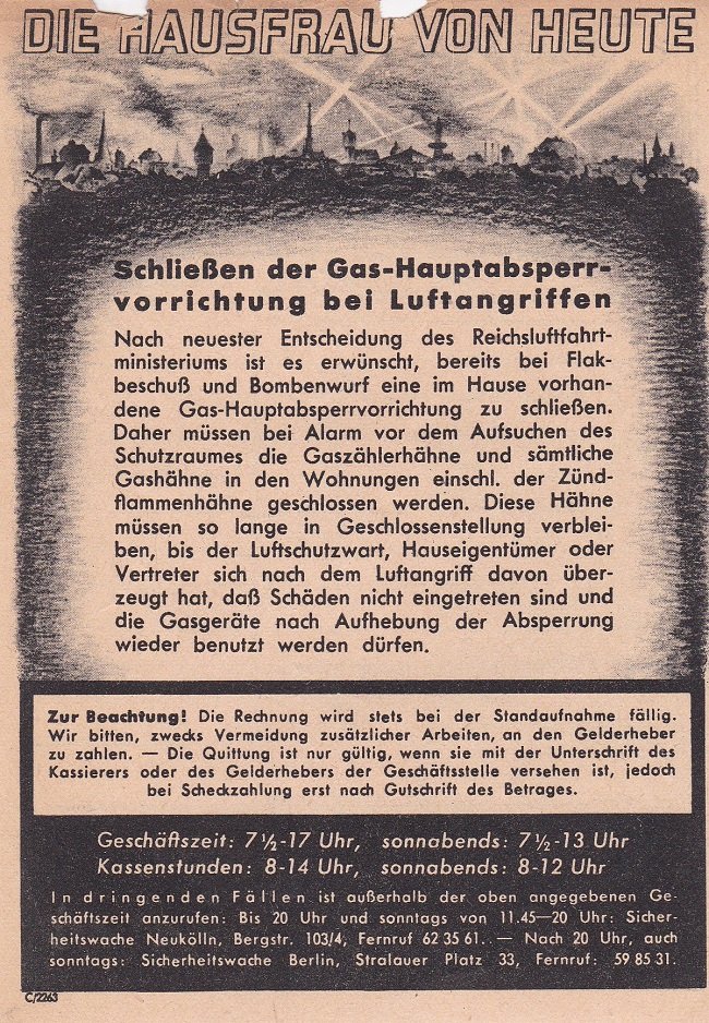 Die Hausfrau von Heute. Schließen der Gas-Hauptabsperrvorrichtung bei Luftangriffen.