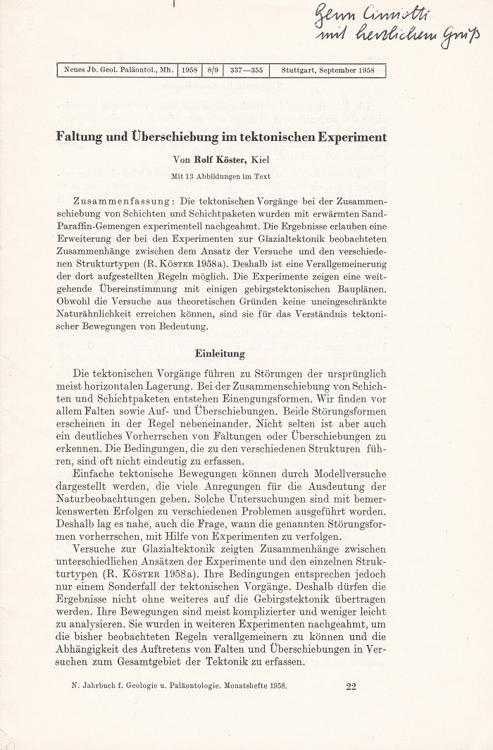 Faltung und Überschiebung im tektonischen Experiment. (Mit Verfasserwidmung!).
