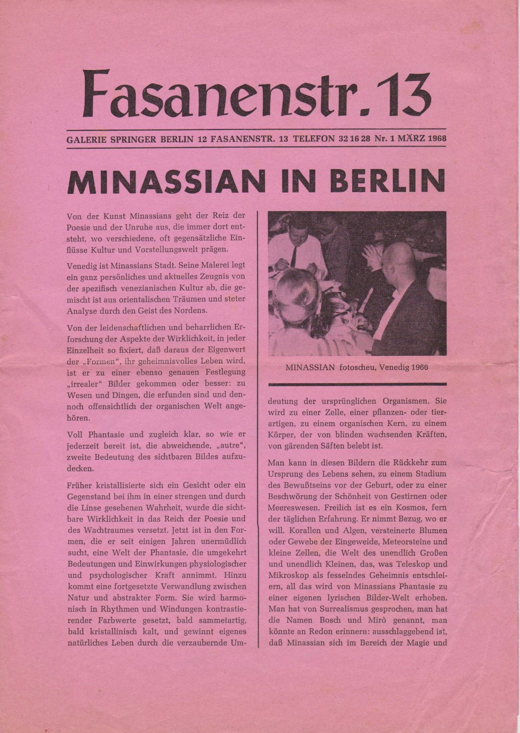 Fasanenstr.13 - (Mitteilungsblatt der) Galerie Springer. Nr.1. März 1968.