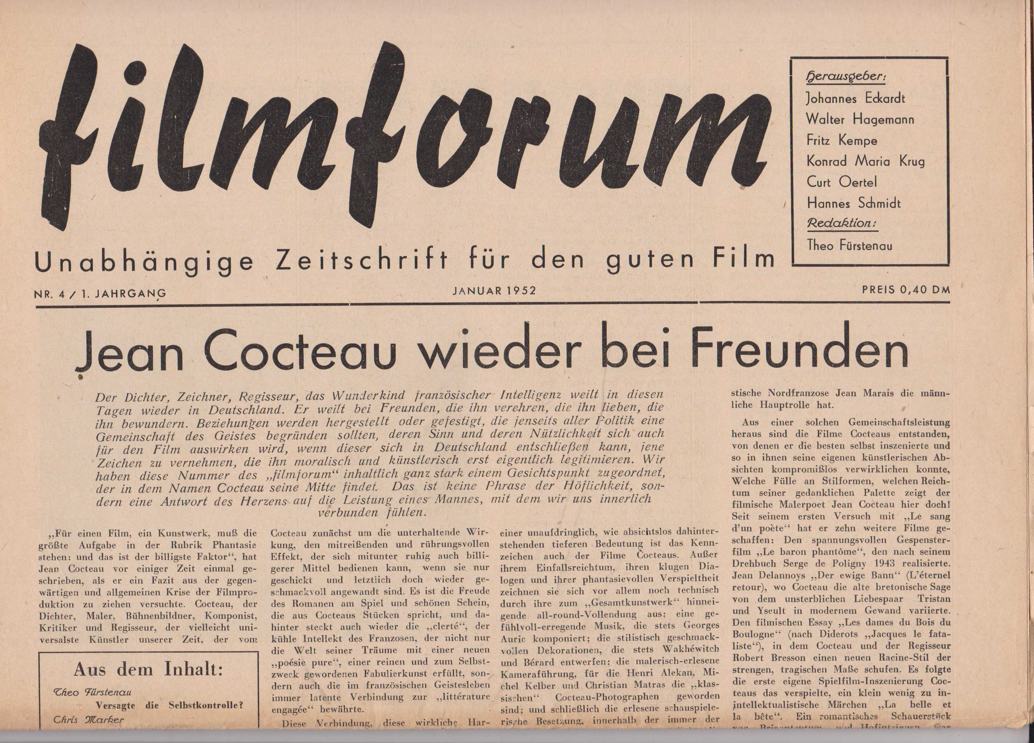 Filmforum, 1. Jahrgang 1952, Nr 4-9.