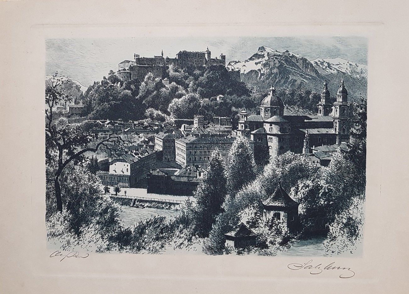 Historische Gesamtansicht der Stadt Salzburg. (Original-Graphik mit Künstlersignatur!).