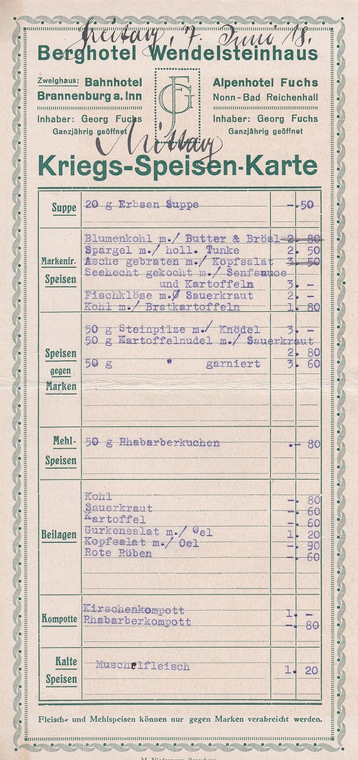 Kriegs-Speisen-Karte, Freitag, 7. Juni 1918.