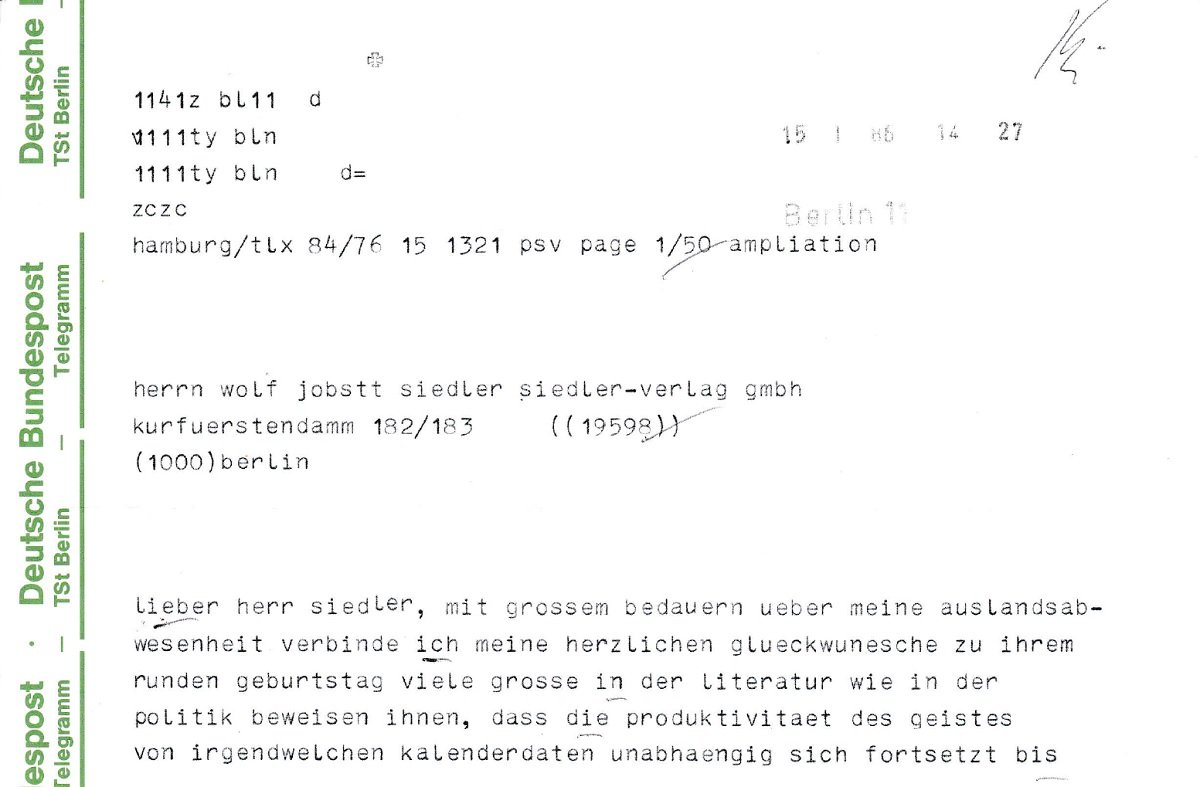 Längeres Original-Telegramm des vormaligen Bundeskanzlers Helmut Schmidt an den Verleger …