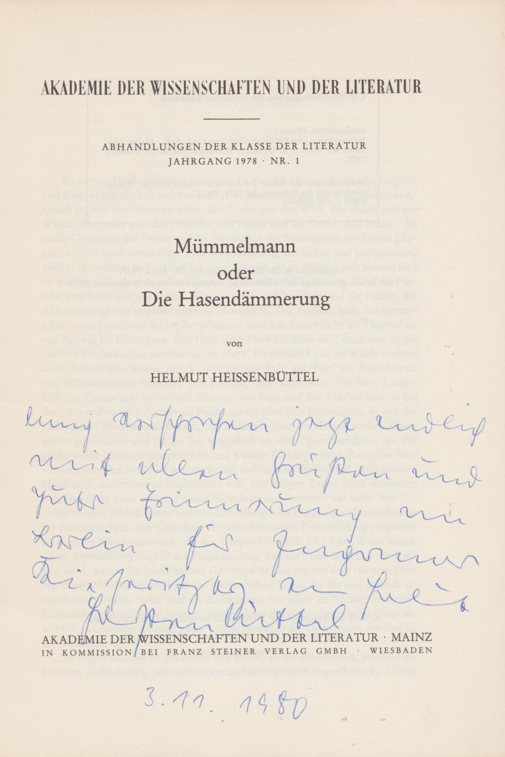 Mümmelmann oder Die Hasendämmerung. (Verfasserwidmung!).