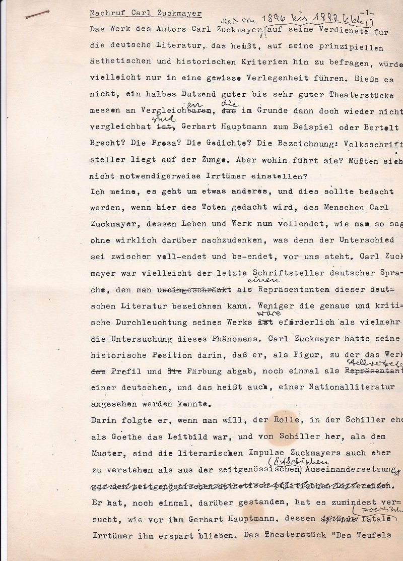 Nachruf Carl Zuckmayer.