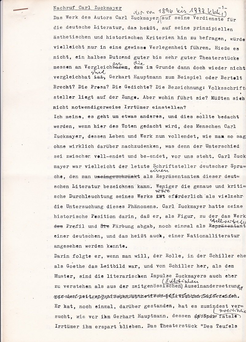 Nachruf Carl Zuckmayer.