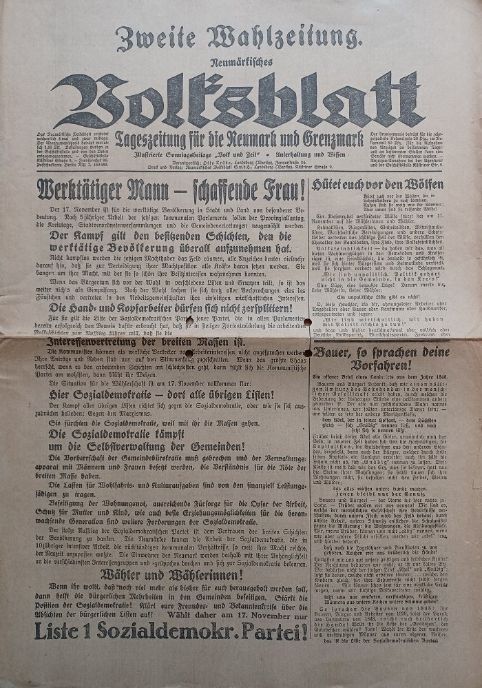 Neumärkisches Volksblatt. Tageszeitung für die Neumark und Grenzmark. Zweite Wahlzeitung.
