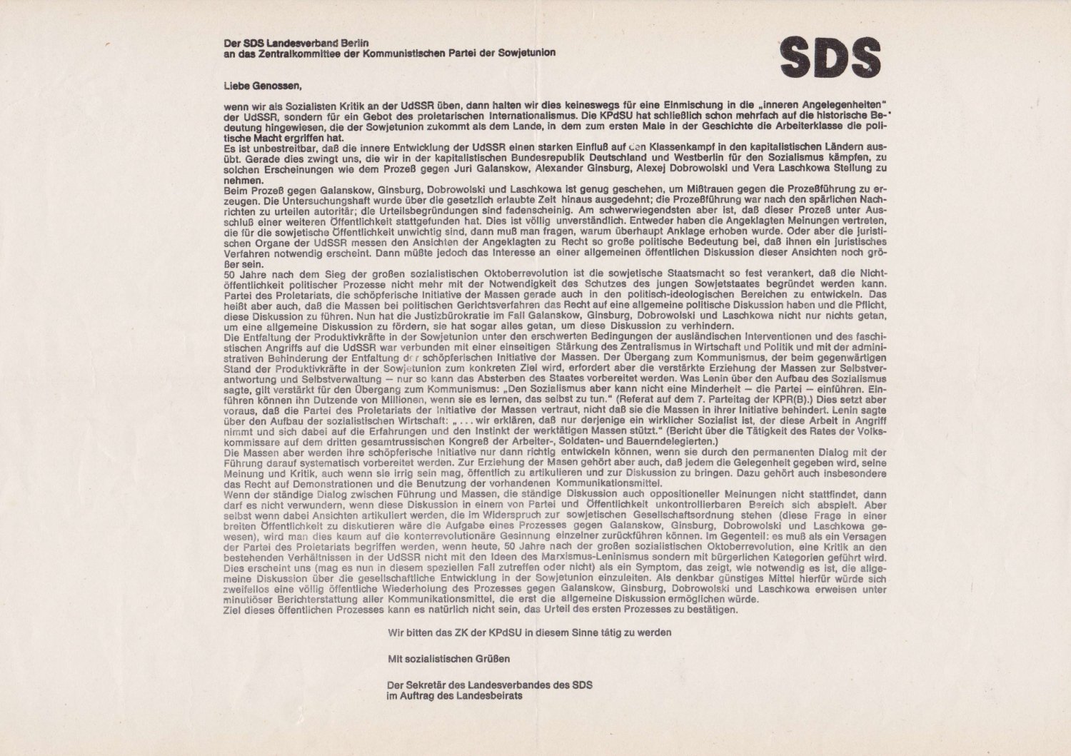 Offener Brief des SDS an die KPdSU.