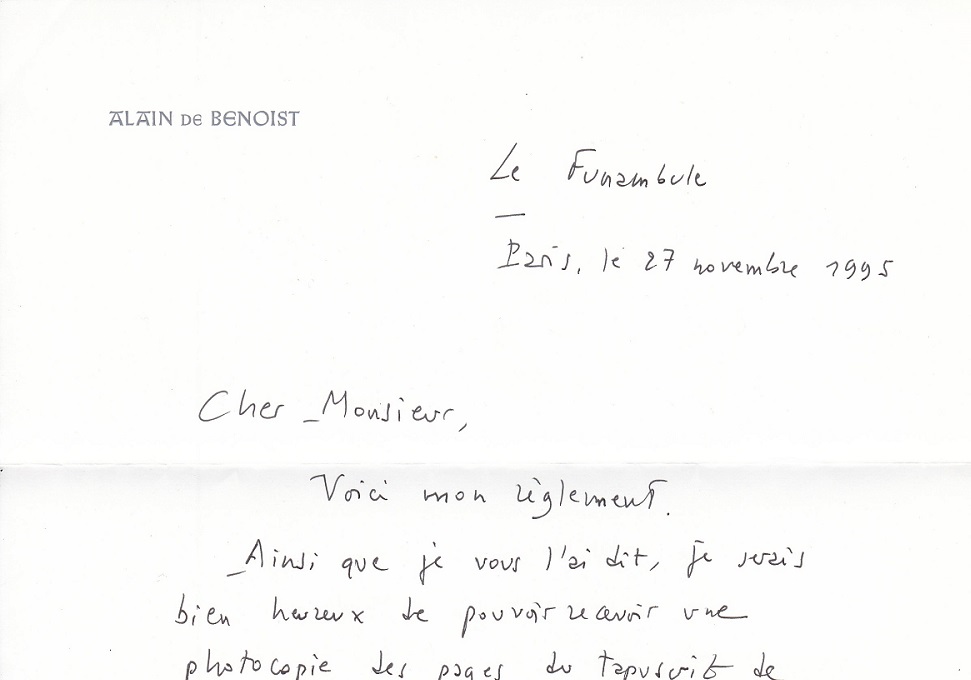 Original-Brief des französischen Philosophen Alain de Benoist.