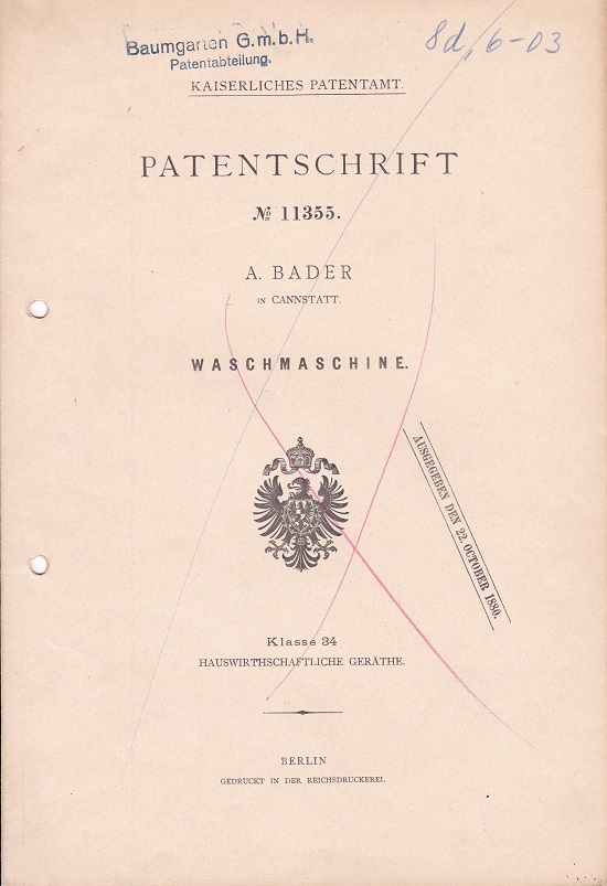 Patentschrift No. 11355. A. Bader in Cannstatt.
