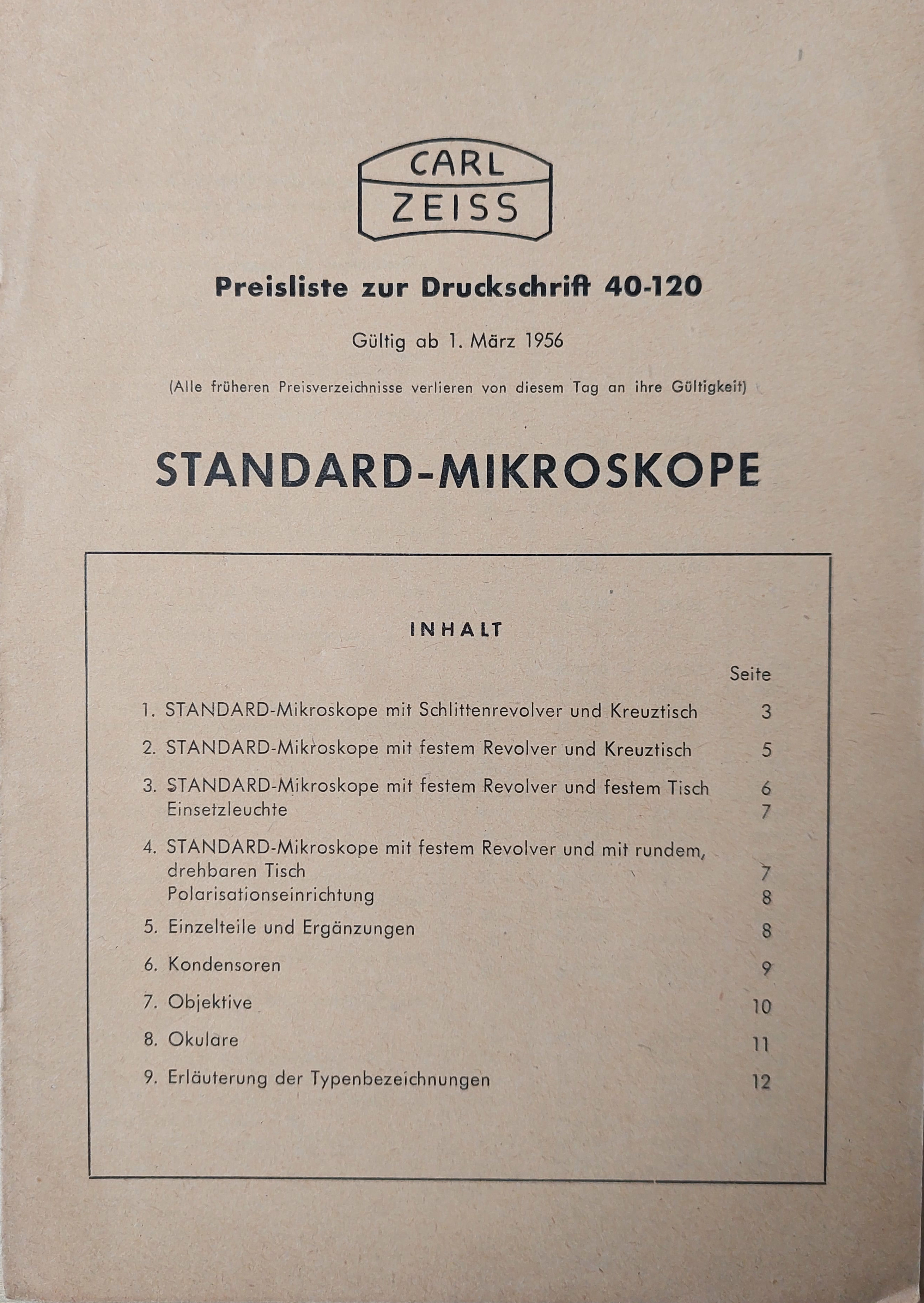 Preisliste zur Druckschrift 40-120 Standard-Mikroskope.
