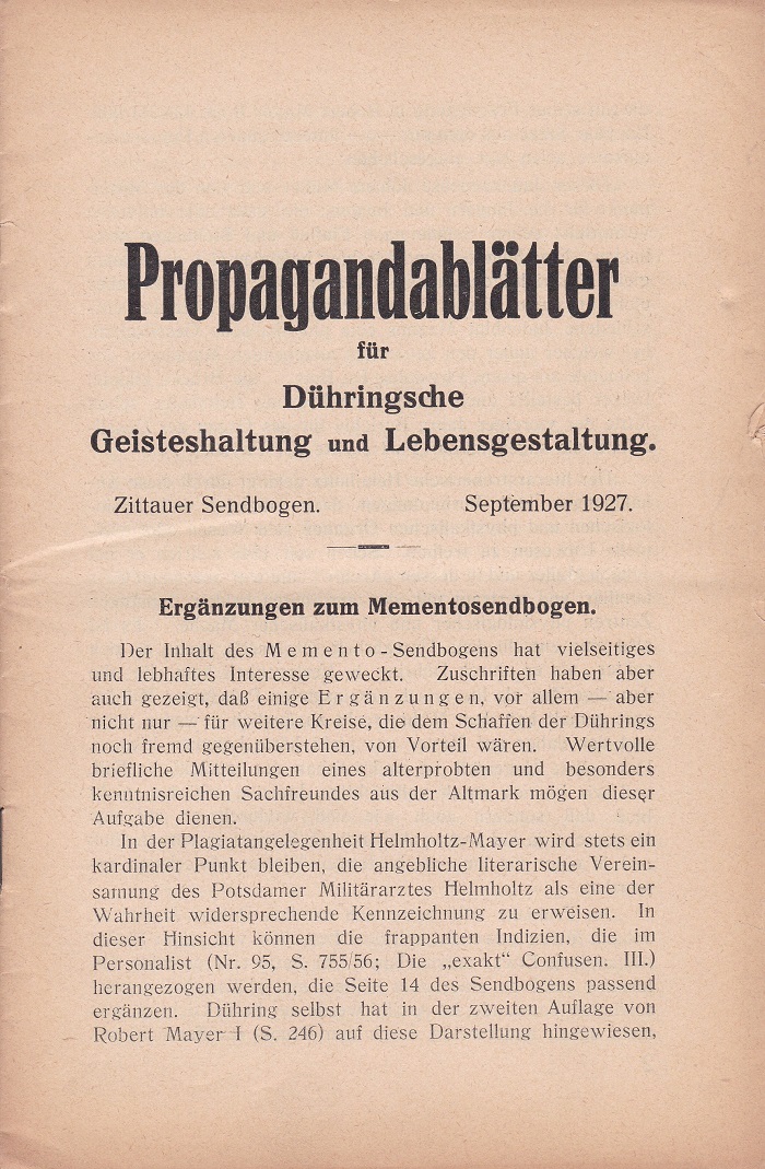 Propagandablätter für Dühringsche Geisteshaltung und Lebensgestaltung.