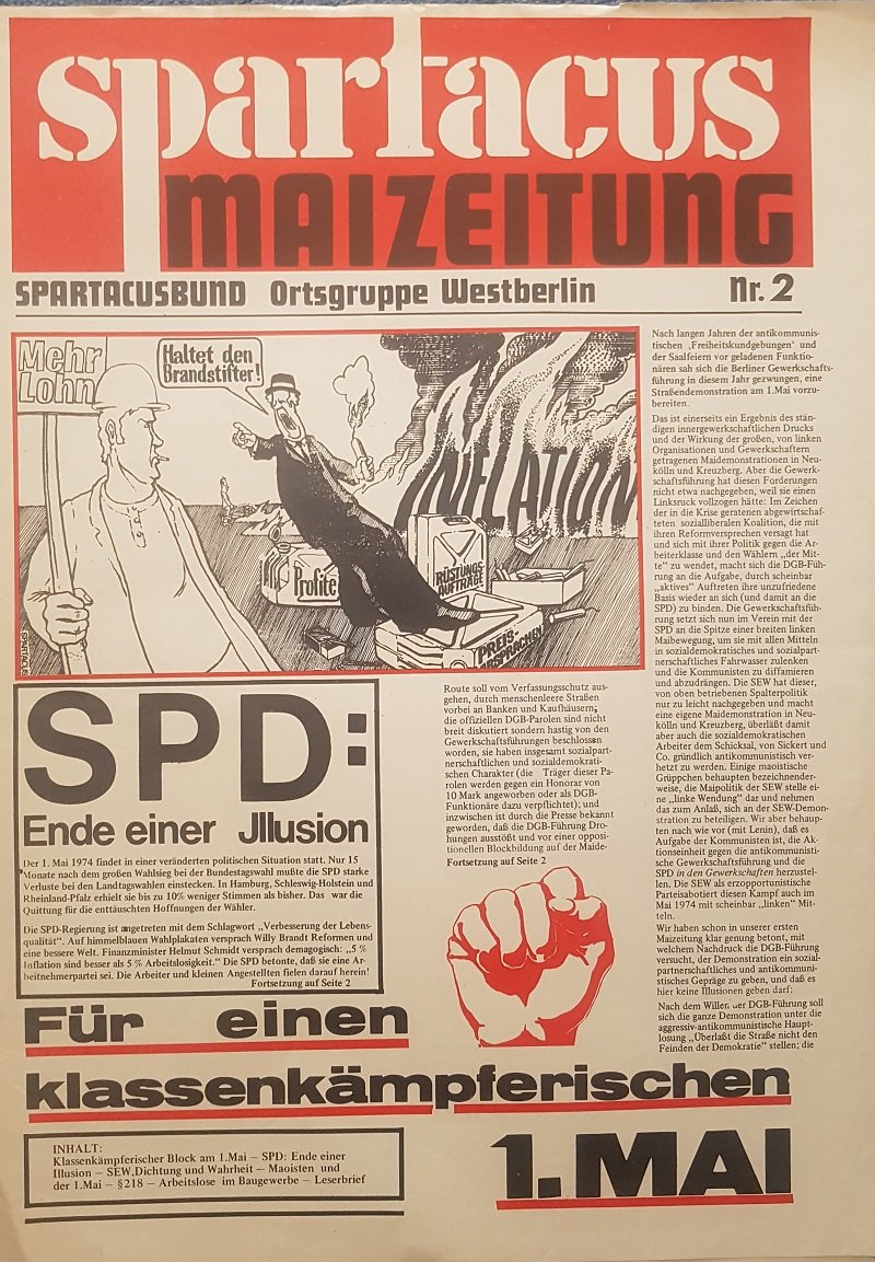 Spartacus Maizeitung. Nr. 2. Ausgabe zum 1. Mai 1974.