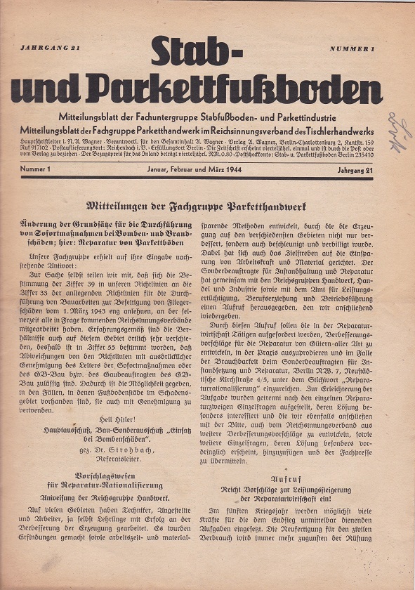 Stab- und Parkettfußboden. Nummer 1 (Jan-März 1944) und Nummer 3 …