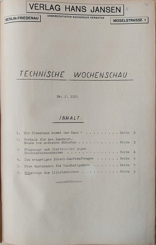 Technische Wochenschau Nr. J. 1229 - J. 1250. (1933).