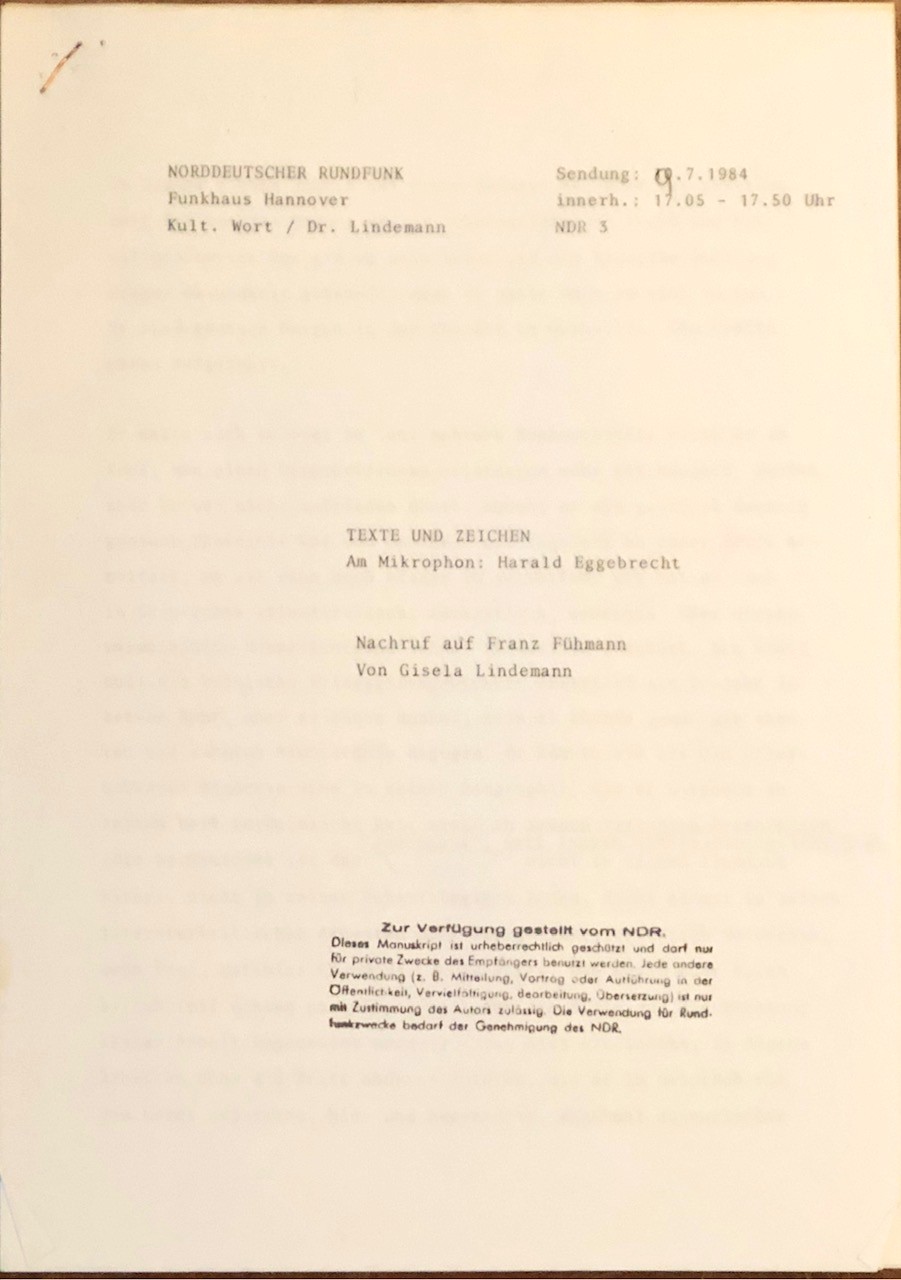 Texte und Zeichen. Nachruf auf Franz Fühmann.