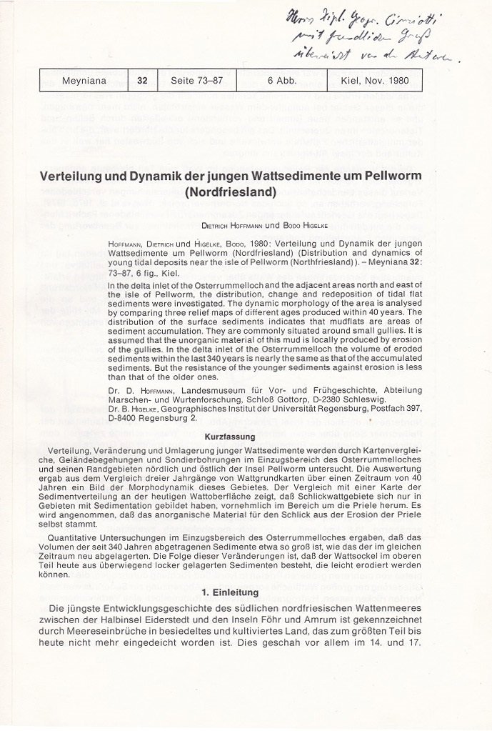 Verteilung und Dynamik der jungen Wattsedimente um Pellworm/Nordfriesland. (Mit Verfasserwidmung!).