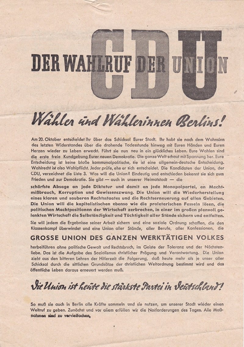 Wähler und Wählerinnen Berlins! Der Wahlaufruf der Union / CDU.