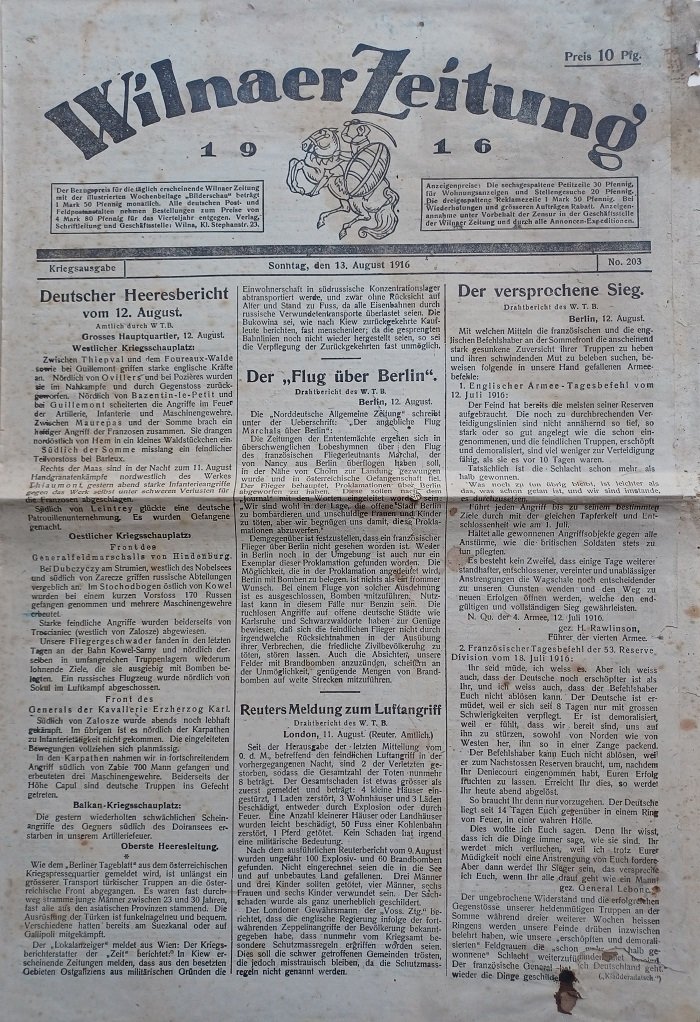 Wilnaer Zeitung. Nr. 203. Sonntag, 13. August 1916.