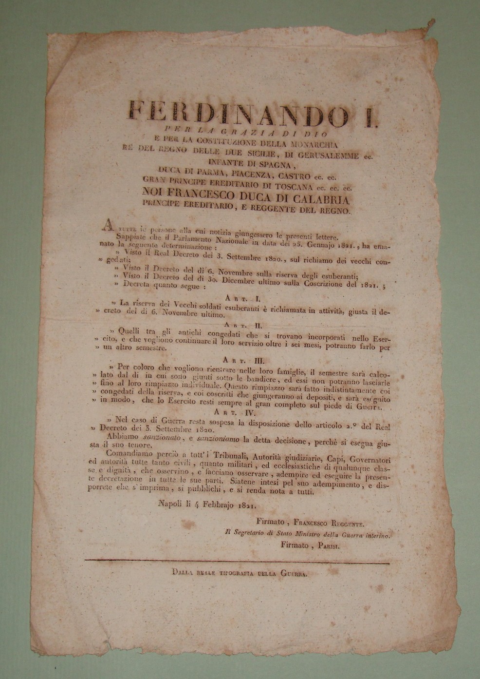 Decreto pubblicato a Napoli il 4 Febbrajo 1821.