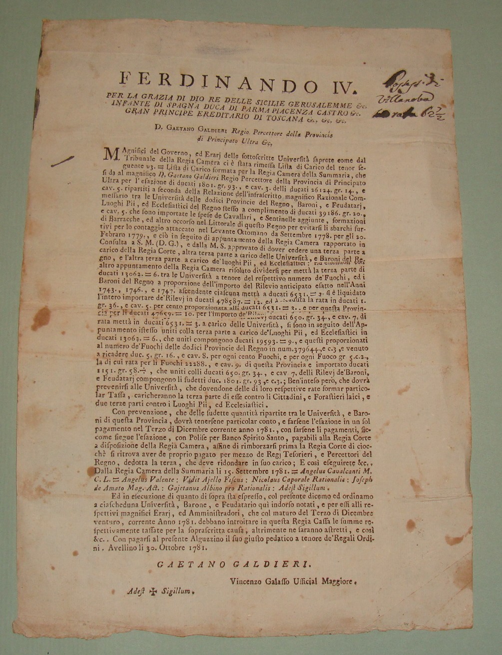 Decreto pubblicato ad Avellino il 30 Ottobre 1781.