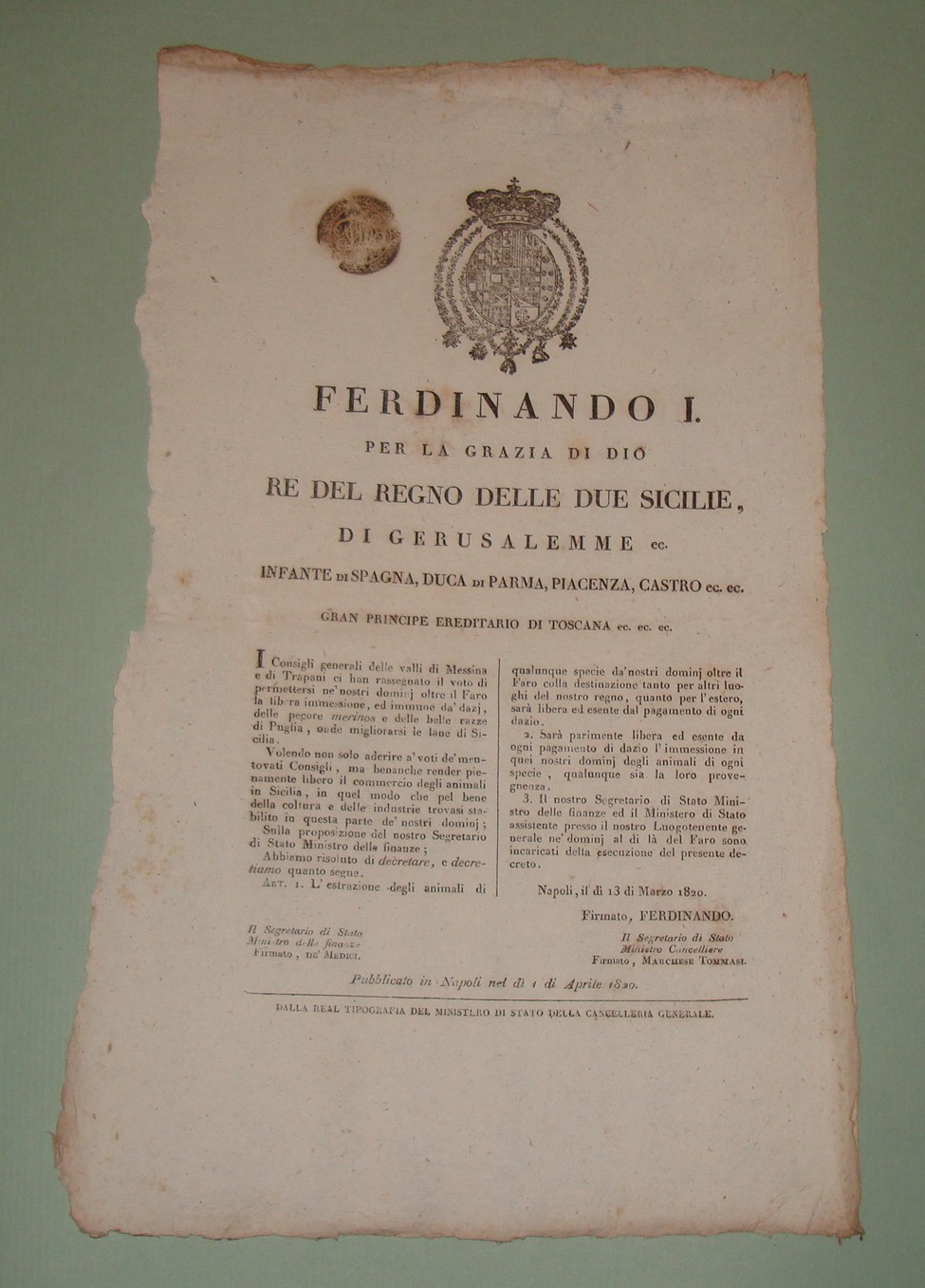 Decreto pubblicato a Napoli il 13 marzo 1820.