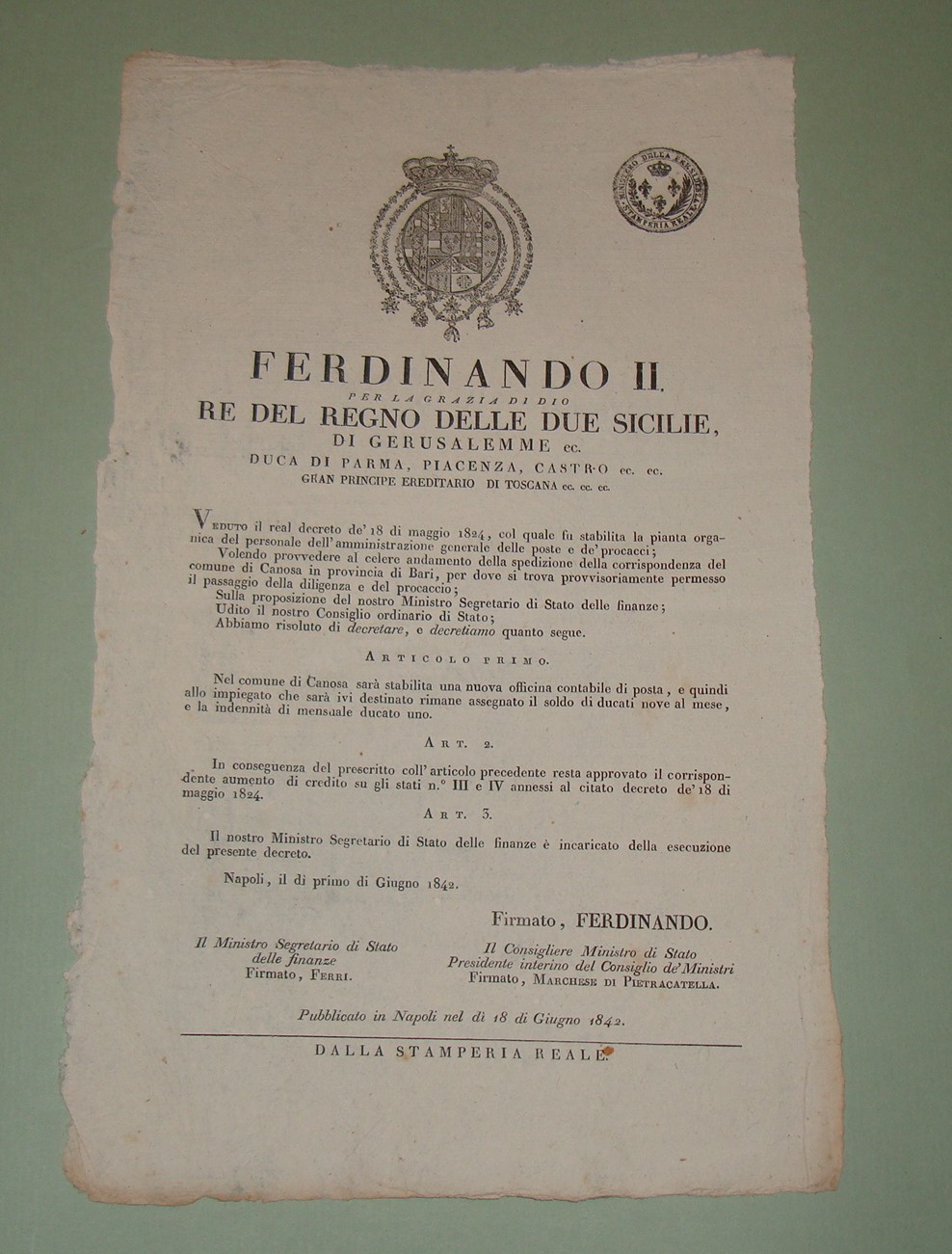 Decreto pubblicato a Napoli il 18 Giugno 1842.