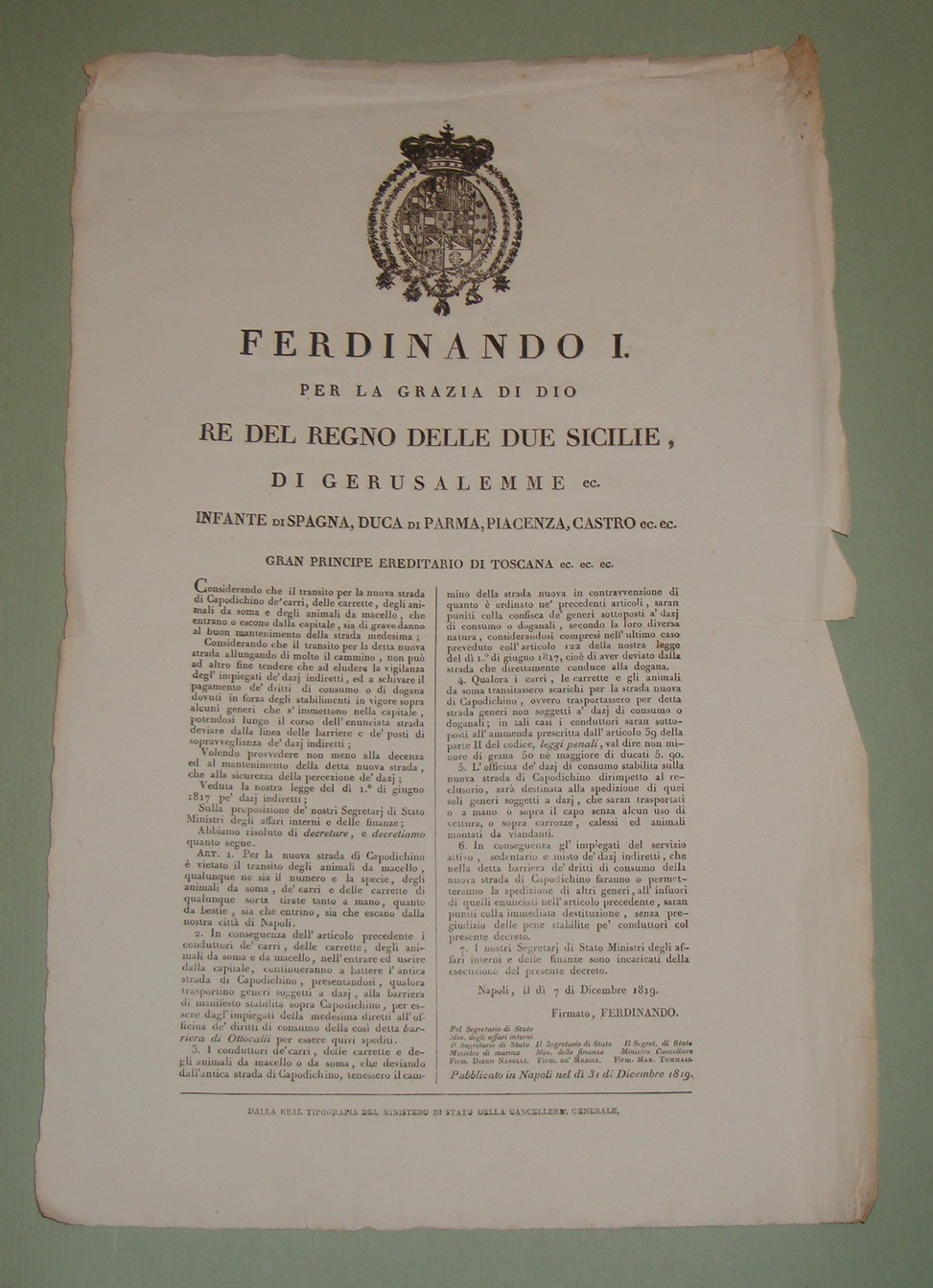 Decreto pubblicato a Napoli il 7 Dicembre 1819.