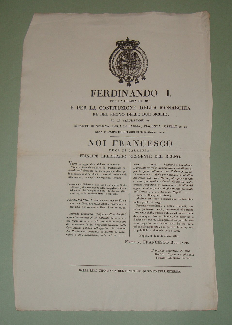 Decreto pubblicato a Napoli l'8 Marzo 1821.