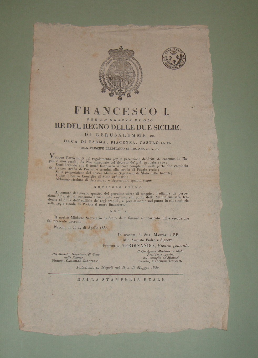 Decreto pubblicato a Napoli il 4 Maggio 1830.