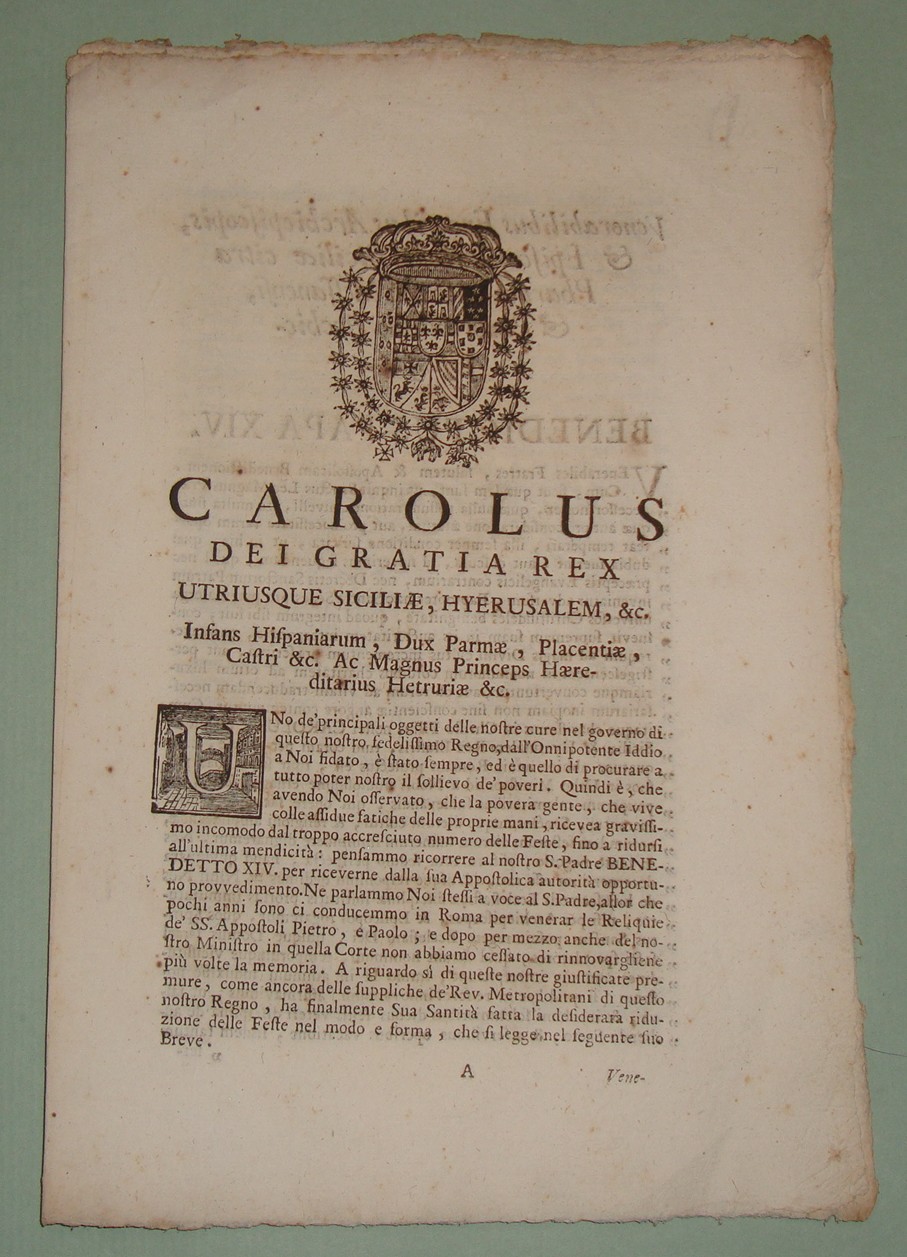 Decreto pubblicato a Napoli il 7 Gennaro 1749.