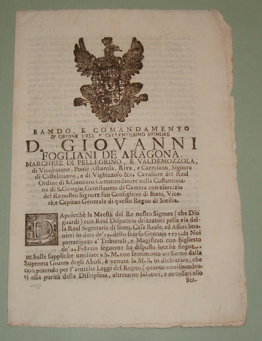 Bando e Comandamento d'ordine di D. Giovanni Fogliani de Aragona …