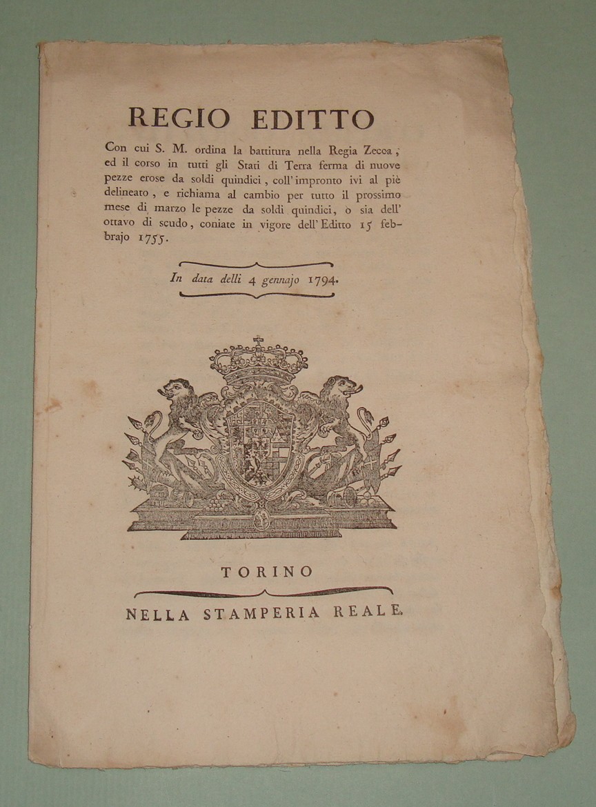 Regio Editto delli 4 gennajo 1794.