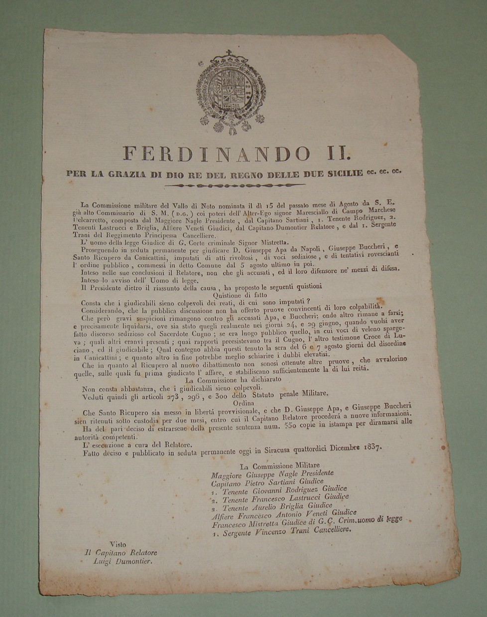 Sentenza pubblicata a Siracusa il 14 Dicembre 1837. Commissione militare …