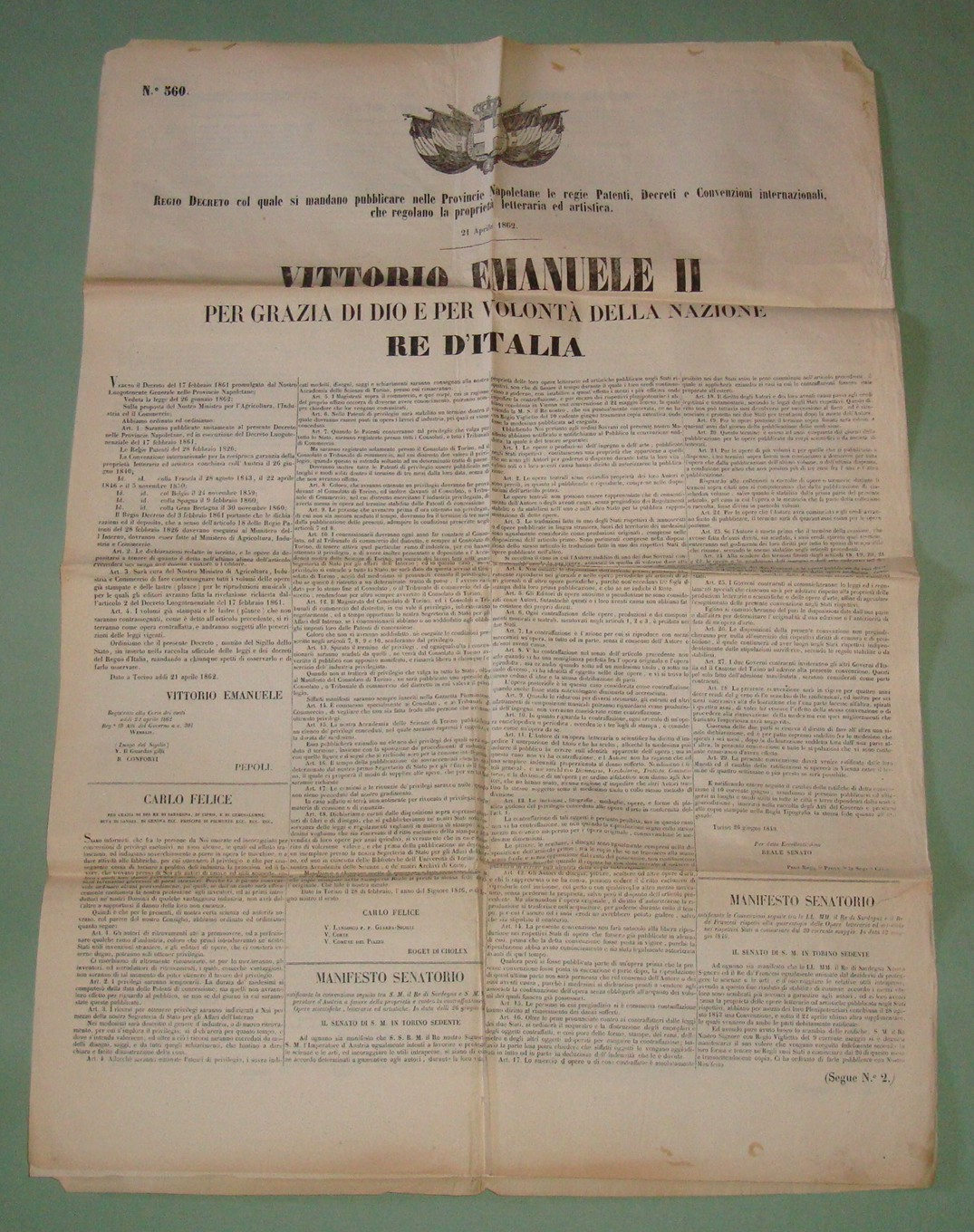 Regio Decreto 21 Aprile 1862:la proprietà letteraria ed artistica