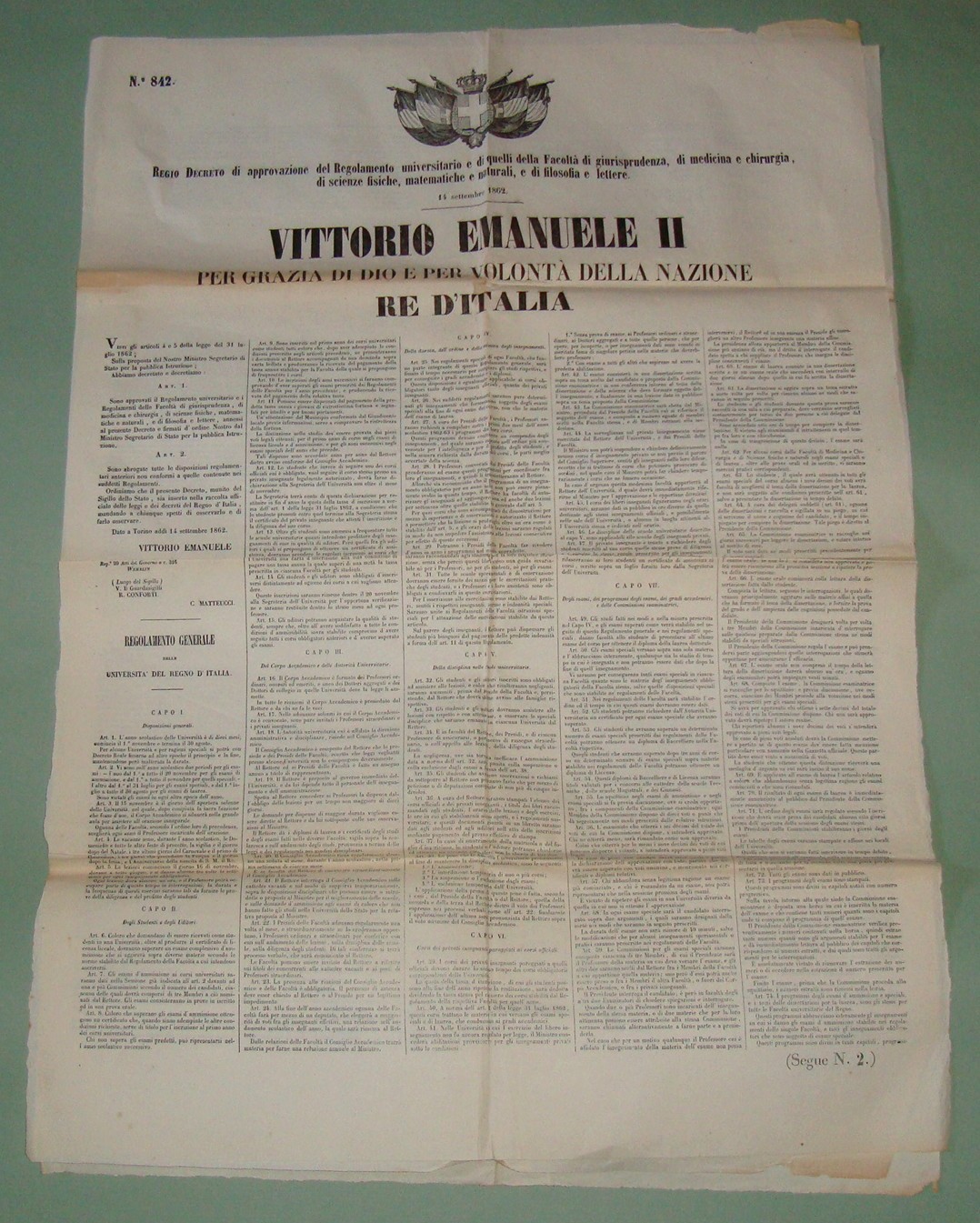 Regio Decreto 14 Settembre 1862: regolamentazione università