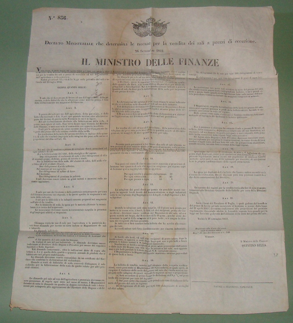 Decreto Ministeriale 26 Settembre 1862 firmato Quintino Sella: la vendita …