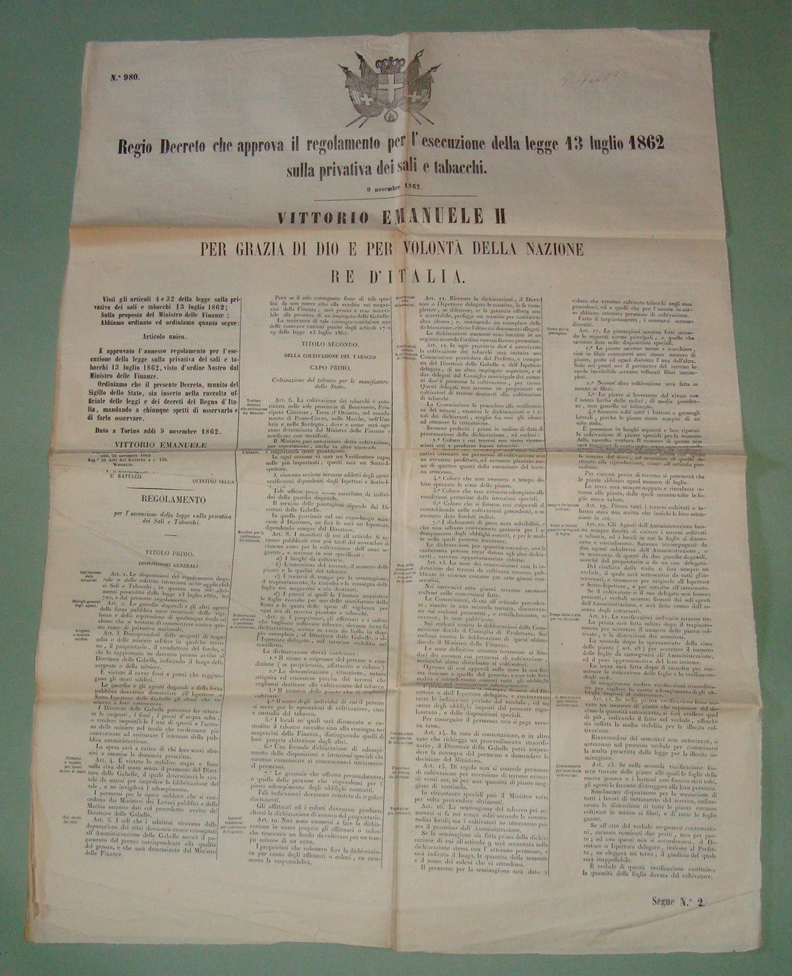 Regio Decreto 9 Novembre 1862: privativa di sali e tabacchi.