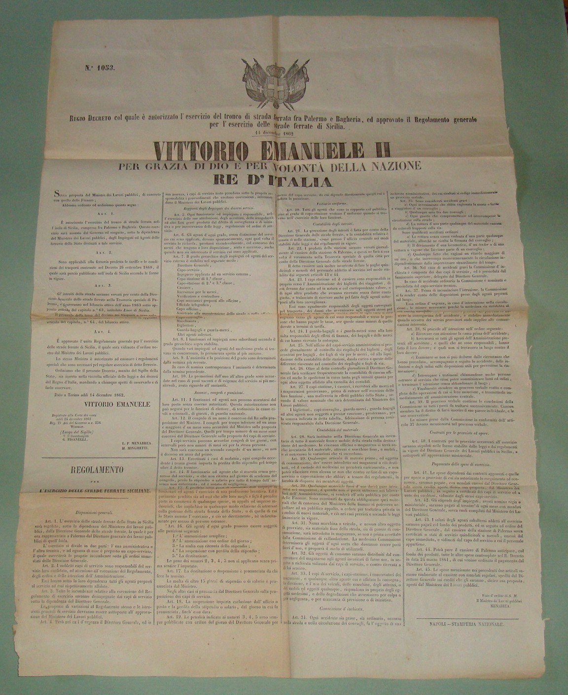 Regio Decreto 14 Dicembre 1862: strade ferrate tra Palermo e …