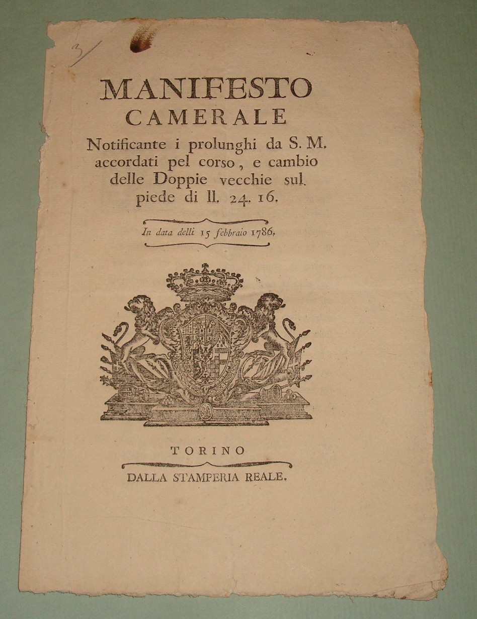 Manifesto Camerale notificante i prolunghi da S.M. accordati pel corso …