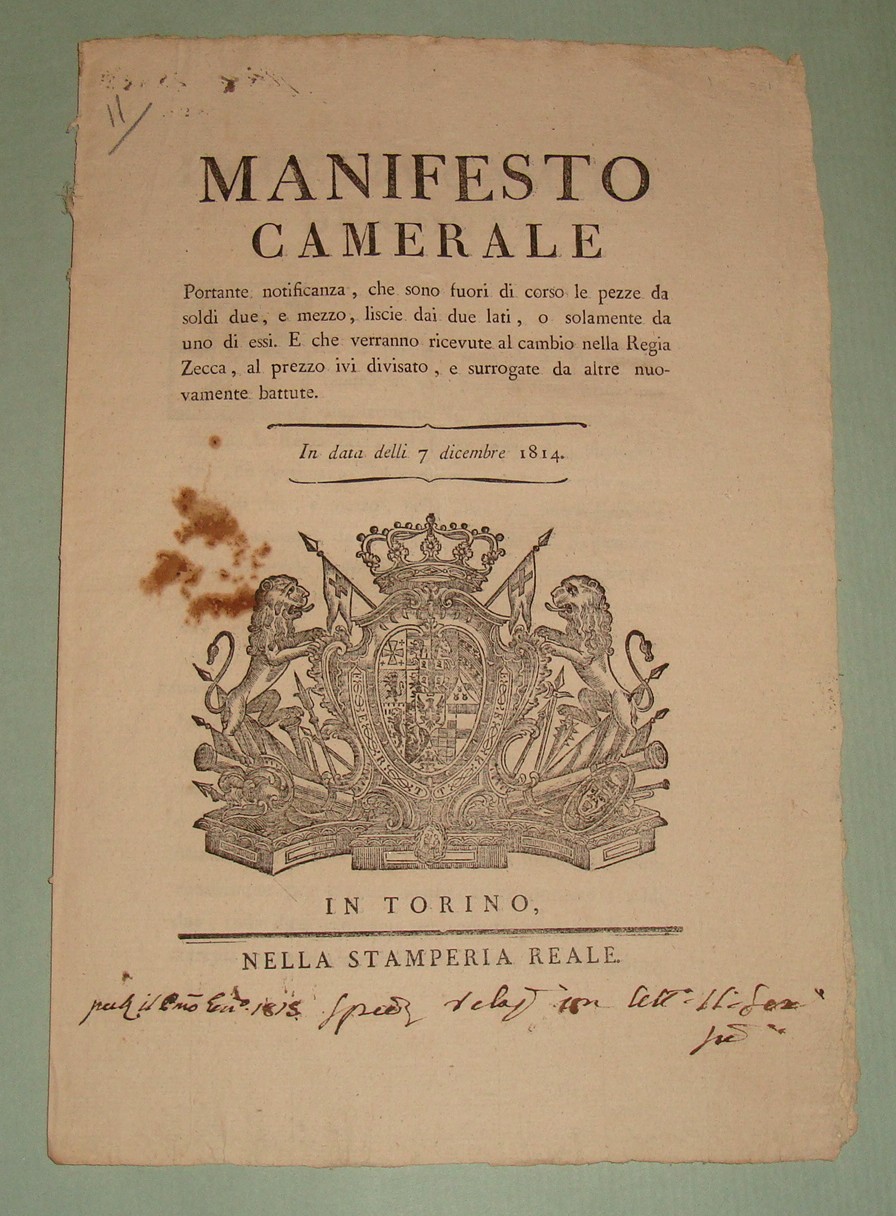 Manifesto Camerale portante notificanza, che sono fuori di corso le …