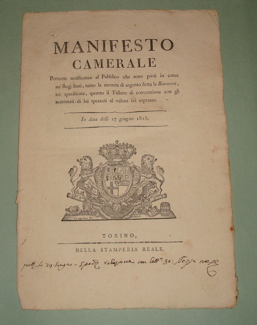 Manifesto Camerale portante notificanza al Pubblico che sono posti in …